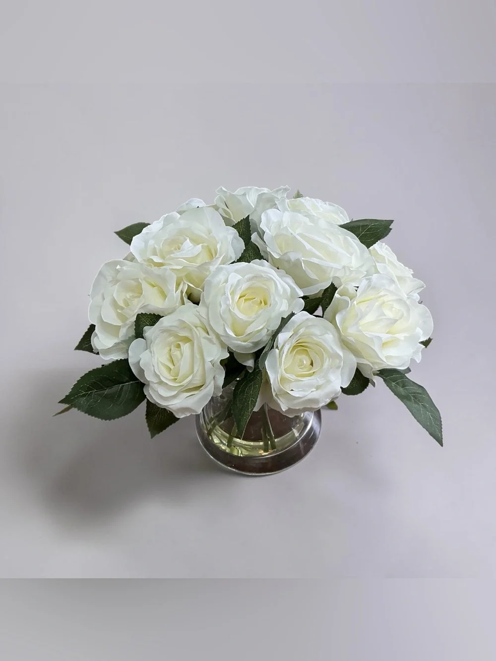White Artificial Rose Floral Arrangement In Glass Vase Faux Roses Home Wedding